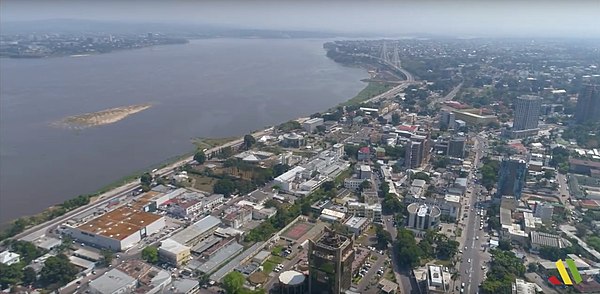 An aerial view of Brazzaville towards the Congo River and, in the distance, Kinshasa.