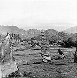Bij elk dodenfeest wordt op deze offerplaats een steen toegevoegd en worden de te offeren karbouwen eraan vastgebonden, Rantépao, Toraja, Celebes, Tropenmuseum