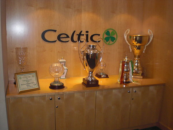 A display of some of Celtic's trophies, including a replica of the European Cup featuring prominently