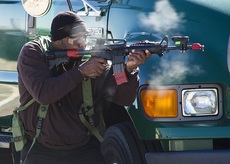 File:Charles Streat portrays the role of an active shooter Feb. 27, 2014, during a vehicle-borne improvised explosive device response exercise as part of Solid Curtain-Citadel Shield (SC-CS) 2014 at Naval Station 140227-N-XQ474-041.jpg