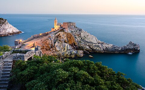 St Peter's church in Porto Venere (Cinque Terre) at sunset.