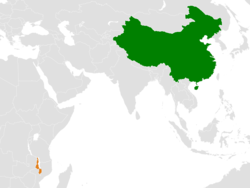 Карта, показваща местоположенията на Китай и Малави