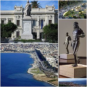 Collage of Reggio di Calabria. Clockwise from top of left to right: Piazza Italia, Lungomare Falcomatà, Riace bronze statues in Magna Grecia National Museum, View of downtown Reggio, Messina Strait from Rotonda Square, seaside coast in Reggio.