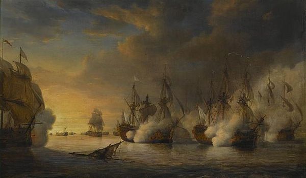 The Second Battle of Cape Finisterre (1747) at which Hawke captured six ships of a French squadron: the French ship Intrepid battling against several 