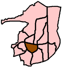 The Crawley Borough area, showing the 13 neighbourhoods; Southgate is shown in brown