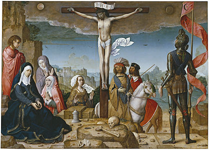 La Crucifixión. Panel central del retablo mayor de la catedral de Palencia, hoy en el Museo del Prado, Madrid.