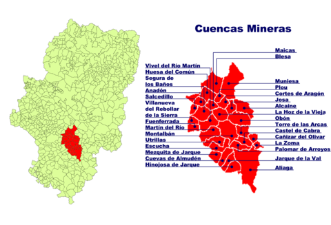 The location of the Cuencas Mineras in Aragon and Laghe of the associated municipalities