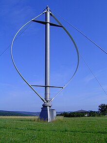 A Darrieus wind turbine has blades that approximate the shape of a troposkein to minimize bending stresses Darrieus rotor001.jpg