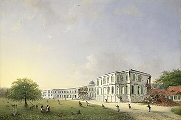 De voorzijde van het paleis te Buitenzorg na de aardbeving van 10 oktober 1834 Rijksmuseum SK-A-4025.jpeg