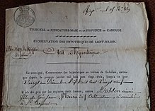 Document administratif de Saint-Julien, province de Carouge, concernant un habitant de la commune de Saint-Cergues, 1829. Porte le sceau des Etats de Savoie.