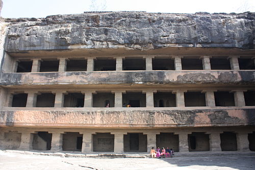 Image result for Caves 11 (above) and 12 are three-storey monasteries cut out of a rock, with Vajrayana iconography inside.