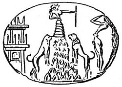 Knósszosz uralkodói pecsétje a Nagy Istennővel, kezében jogarral, hegy tetején a szentélye mellett, a kép szélén elvakított hívő