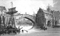 An engraving of the fourth Ouse Bridge (1565-1810) Engraving of Old Ouse Bridge.jpeg