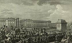 Execution of Louis XVI in the Place de la Revolution. The empty pedestal in front of him had supported an equestrian statue of his grandfather, Louis XV. When the monarchy was abolished on 21 September 1792, the statue was torn down and sent to be melted. Execution of Louis XVI.jpg
