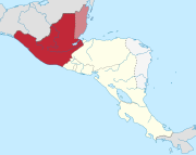 A map of the Federal Republic of Central America's states with Guatemala shaded in red and the disputed territory of Belize in light red