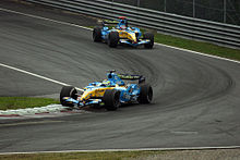 The two Renault drivers led the race in its early stages, with Giancarlo Fisichella ahead of Fernando Alonso. Both eventually failed to finish. Fisichella + Alonso 2005 Canada.jpg
