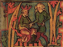 . На странице иллюминированной рукописи изображены две мужские фигуры. Слева сидящий мужчина носит красную корону, а справа стоящий мужчина с длинными светлыми волосами. Их правые руки сцеплены вместе. 