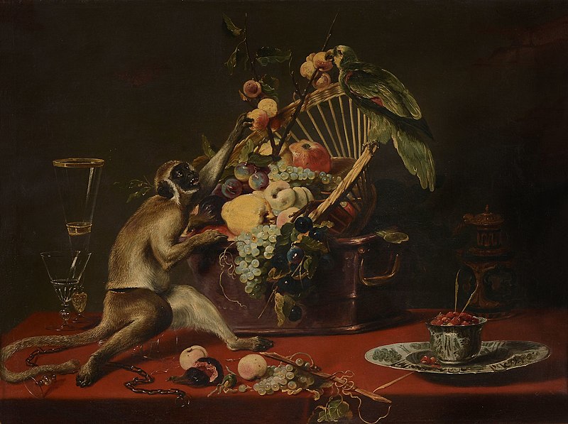 File:Follower Frans Snyders - Still life with monkey seizing fruit from a basket with a parrot perched on top.jpg