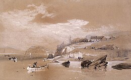 A watercolor painting of Fort George in 1845. Fort George.jpg