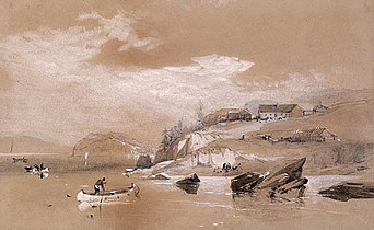 A watercolor of Fort Astoria while under British ownership and called Fort George, 1813–1818