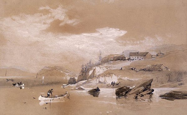 A watercolor painting of Fort George in 1845.
