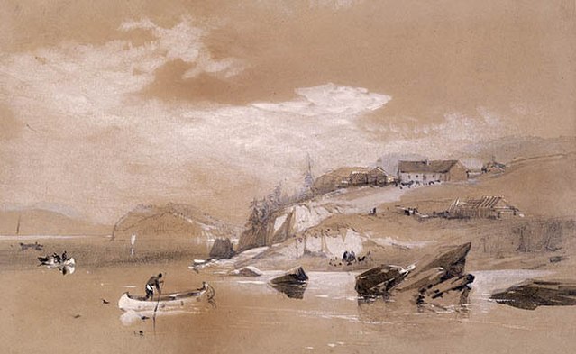 A watercolor painting of Fort George in 1845.