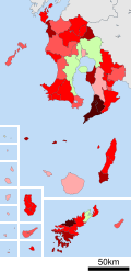 Growth rate map of municipalities of Ibaraki prefecture, Japan