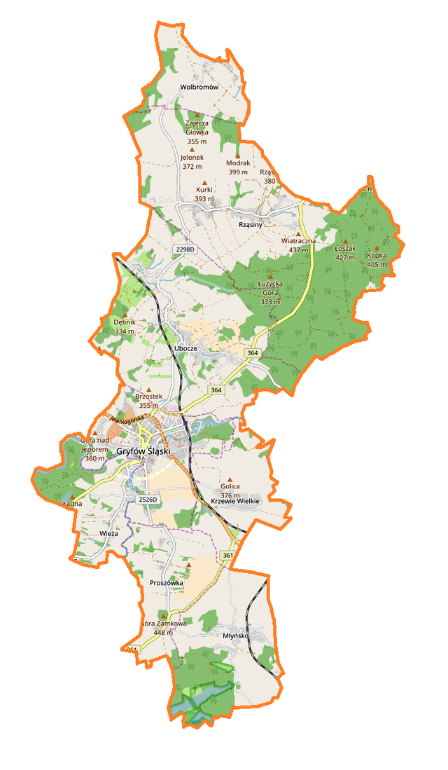 Mapa konturowa gminy Gryfów Śląski, blisko centrum na lewo znajduje się punkt z opisem „Gryfów Śląski”