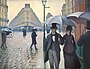 Zeitgenössische Darstellung der großstädtischen Tristesse, die in der dichterischen Grundstimmung der Fleurs du Mal besonders stark empfunden wurde. Gustave Caillebotte: Strasse in Paris an einem regnerischen Tag, 1877.