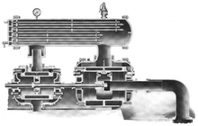 Top-mounted intercooler on a 1910 Ingersoll Rand two-stage air compressor Ingersoll-Rand Class AA-2 air compressor cross section 1910.png