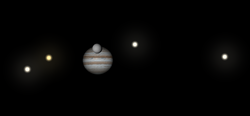 A simulation of Venus transiting Jupiter, as it did on 3rd of January, 1818. Jupiter Venus transit 18180103.png