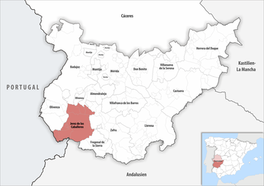 Die Lage des Gerichtsbezirk Jerez de los Caballeros in der Provinz Badajoz
