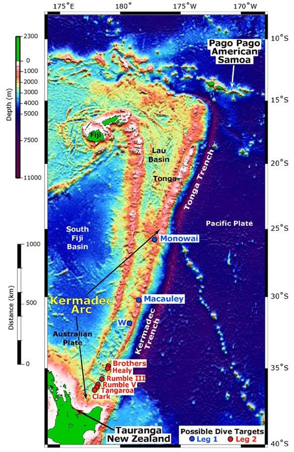 Tonga Trench south of the Samoa Islands and north of New Zealand.