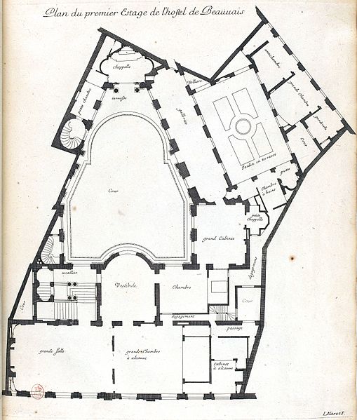 File:L'Architecture française (Marot) BnF RES-V-371 044r-f95 Hôtel de Beauvais, Plan du premier étage (adjusted).jpg