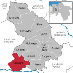 Läget för staden Löningen, Niedersachsen i Landkreis Cloppenburg