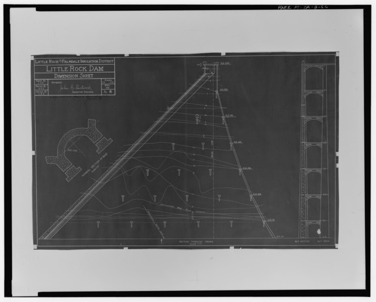 File:LITTLE ROCK AND PALMDALE IRRIGATION DISTRICT, LITTLE ROCK DAM- DIMENSION SHEET, SECTION THROUGH CROWN, SHEET 6, APRIL, 1918. Littlerock Water District files. - Little Rock HAER CAL,19-LITRO.V,1-66.tif