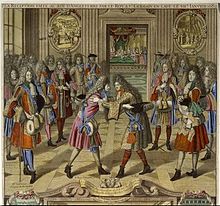 Louis XIV greeting the exiled James II in 1689 ("La Reception faite au Roy d'Angleterre par le Roy a St. Germain en Laye le VIIe janvier 1689", engraving by Nicolas Langlois, 1690) La Reception faite au Roy d'Angleterre par le Roy a St. Germain en Laye le VIIe janvier 1689.jpg