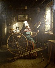 "The last spinner in my village", 1881. Hand spinning declined with the advent of more automated methods La derniere Fileuse de mon village, Fouace.jpg