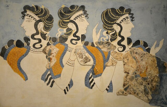 Gilliéron's recreation of the Minoan fresco known as "Ladies in Blue", Knossos, re-restored after an earthquake by Gilliéron fils in 1927.