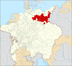 Kurfurstendömet Brandenburg (rødt) inden for Det Tysk-Romerske Rige ved den trediveårige krigs udbrud 1618.