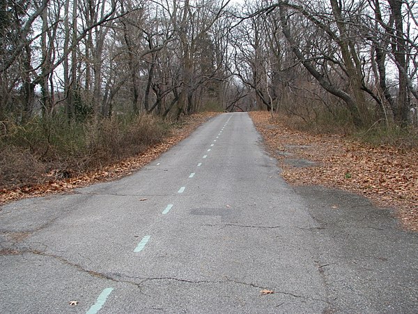 Remnant of Long Island Motor Parkway c. 2008 at Springfield Boulevard in Queens, looking east