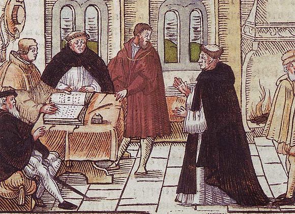 The meeting of Martin Luther (right) and Cardinal Cajetan (left, holding the book)