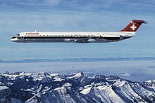 An MD-81 of the type's launch operator, Swissair It was certified by FAA in August 1980 Maeder Herbert LBS SR04-005067 (cropped).jpg