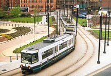 Two AnsaldoBreda T-68 trams near Manchester Piccadilly station in 1994. This was part of the original system opened as part of Phase 1. Manchester. - geograph.org.uk - 94747.jpg