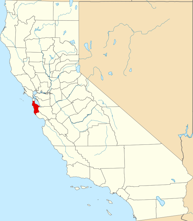 Map of California highlighting San Mateo County