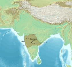 The Bahmani Sultanate at its greatest extent in 1473 under regent Mahmud Gawan[1][2] With the Vijayanagara Empire as a tributary.[3][4]