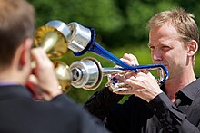 Marco Blaauw with his double bell trumpet Marco blaauw double bell.jpg
