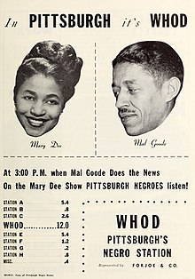 WHOD advertisement for Movin' Around with Mary Dee, which featured Mary Dee and her brother Mal Goode, on the air from 1948-1956 Mary Dee, Sponsor, 1953.jpg