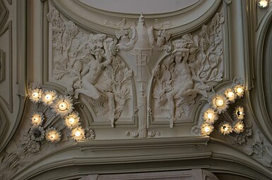 Stylized Art Nouveau cartouche with the RF monogram (which stands for Republique Française) on a ceiling of the Town Hall of Euville, France, by Henri Gutton, 1901-1909[17]