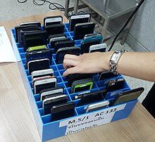 Photograph of a phone cage used for storing students' phones during school hours